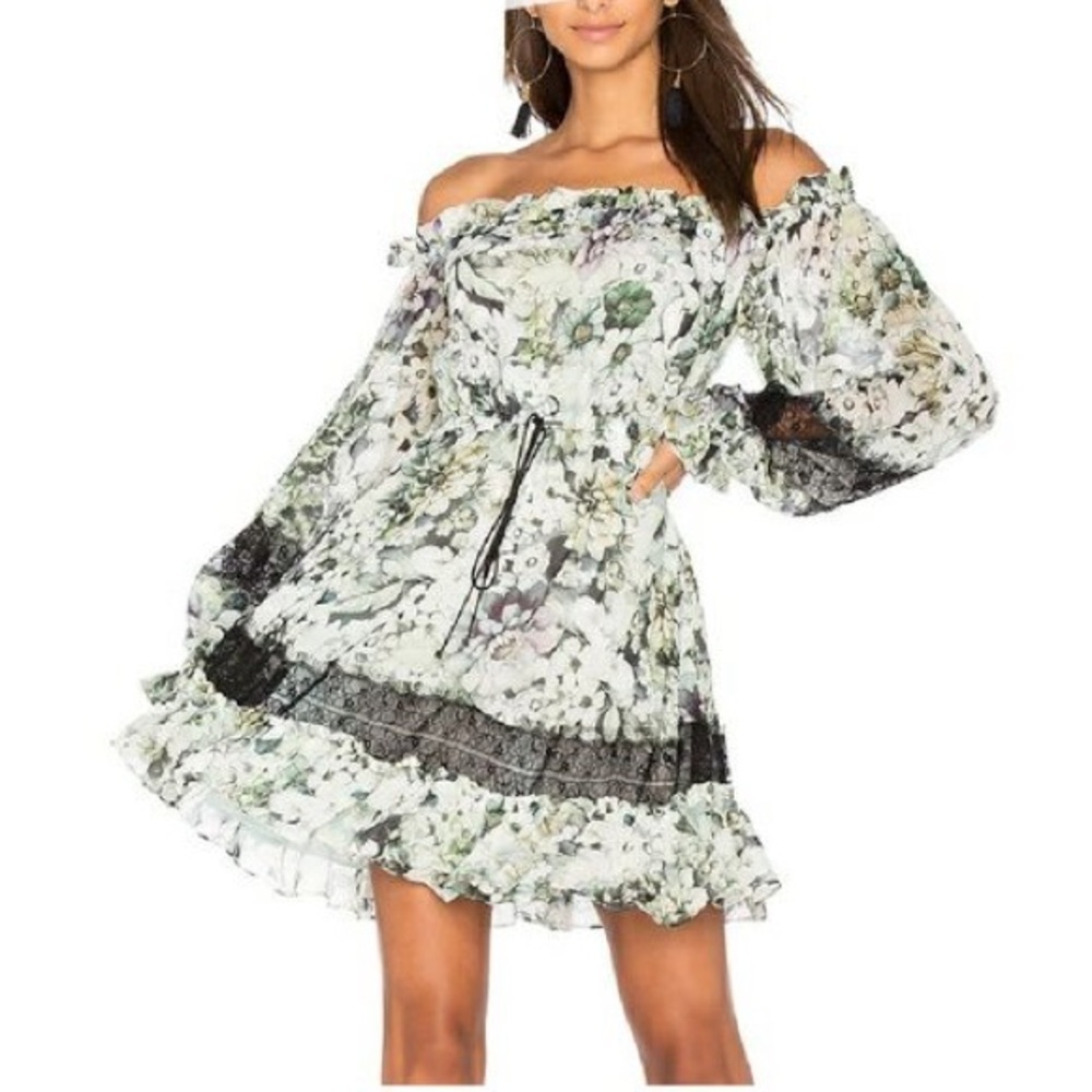 NICHOLAS Silk Evergreen Floral Dress Off the Shoulder Bell Sleeves Whimsigoth
